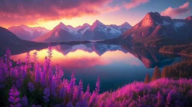 Top-down view of brilliance on mountains, reflecting in the lake. Common fireweed in bloom at the front.