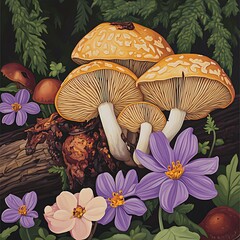 Vibrant Autumn Mushrooms Growing on a Forest Log with Delicate Purple and Pink Flowers