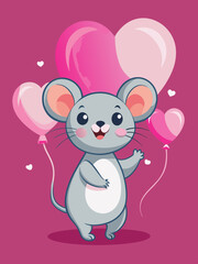 Adorable Cartoon Mouse with Pink Heart Balloons Valentines Day
