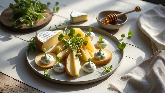 A beautifully crafted cheese platter highlights a range of cheeses, a small container of honey, and fresh greens.