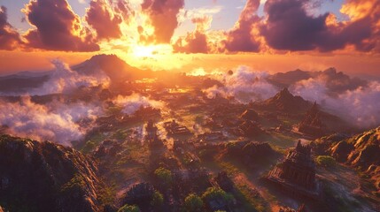 Obraz premium Ancient city nestled in misty mountains at sunset. Vivid colors illuminate ruins