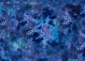 Dark blue abstract background with starry sky texture. Watercolor hand drawn illustration template for design magic, esoteric, zodiac, astronomy, astrology, invitations, textiles, wallpaper
