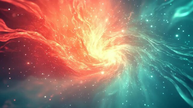 Vibrant Abstract Nebula in Swirling Teal and Fiery Red Tones with Sparkling Stars Background for Adobe Stock Photo