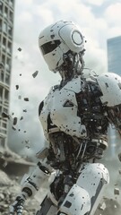 Fototapeta premium Damaged robot standing amidst city destruction