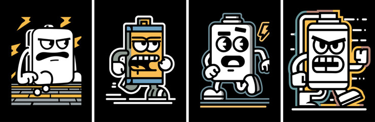 Fototapeta premium Playful Battery Characters Running with Comic Style Energy Doodles