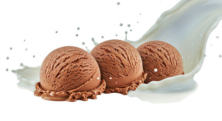 Chocolate Ice Cream Scoops with Milk Splash - Delicious Dessert Isolated on White