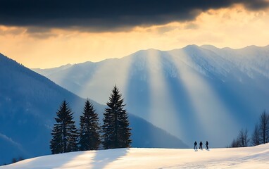 Majestic winter landscape with hikers