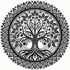 Ornate Black and White Tree of Life Mandala Design