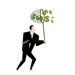BusinessMan catches money with Butterfly net . Concept of catching money. Getting rich and increasing finances.