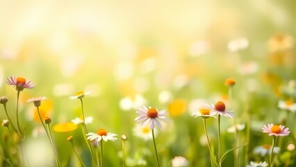 Fototapeta premium A soft watercolor meadow background features blurred wildflowers and gentle sunlight.