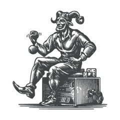 Vintage Engraving of a Strongman with Horns Holding a Weight