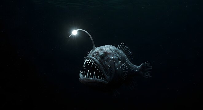 A deep sea anglerfish with sharp teeth and a glowing lure in the dark ocean water