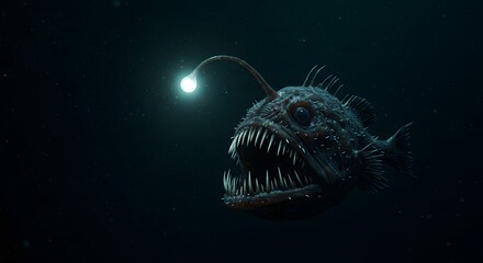 Anglerfish with glowing lure in dark ocean depths showing sharp teeth and scales