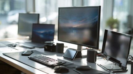 Modern workplace setup featuring multiple screens and devices