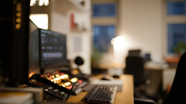 Professional audio editing mixing desk and computer showing editing software in recording studio control room