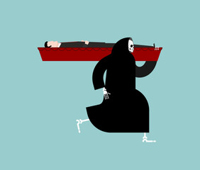 Grim Reaper carries coffin with dead man