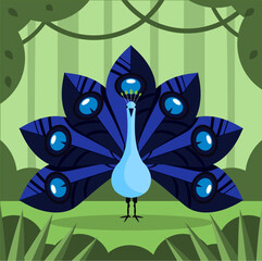Stylized vector image of a peacock in a garden. Stylized picture, a bird with a bright tail.
