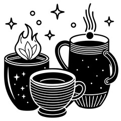 Mystical Hot Drinks Cozy Night Illustration