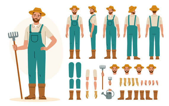 Farmer or gardener worker wearing overall uniform holding work tool. Character for animation. Front, side and back view set. Body parts, postures, poses collection. Vector illustration.