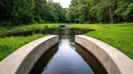 Fototapeta premium Serene Water Detention Zone Surrounded by Lush Green Parks and Nature in a Tranquil Landscape