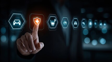 A business professional interacts with digital icons representing various services.