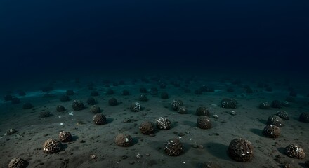 Obraz premium Underwater scene showing a sandy seabed with rocks and dark blue water above it all