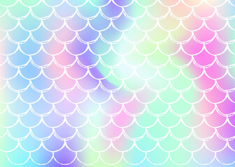 Mermaid scales background with holographic gradient. Bright color transitions. Fish tail banner and invitation. Underwater and sea pattern for girlie party. Hipster backdrop with mermaid scales.