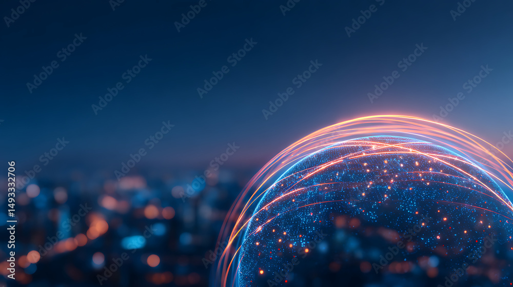 Poster a glowing digital globe with blue energy trails on a cityscape background, symbolizing technology co