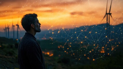 Obraz premium Man contemplates a sunset over wind turbines, overlaid with a network graphic. Clean energy future