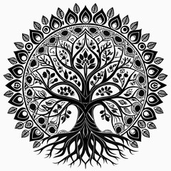 Ornate Black and White Mandala Tree of Life Design