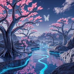 futuristic landscape with pink blossom trees and neon river under white butterfly for use in sci fi backgrounds and fantasy concept art