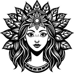 Beautiful Woman with Floral Crown Black and White Illustration