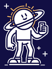 Whimsical Character in Space Holding Phone with Celestial Background