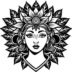 Beautiful Woman with Floral Crown Black and White Illustration