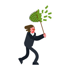 BusinessMan catches money with Butterfly net . Concept of catching money. Getting rich and increasing finances.