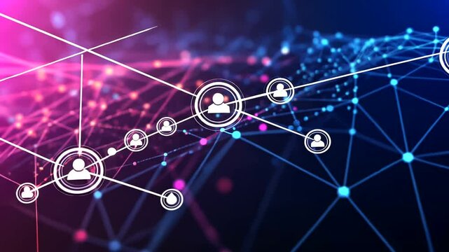 Networked icons linked across a pink and blue geometric background