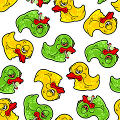 Old rubber duck with wrinkles pattern seamless. Tired toy background. Baby fabric texture