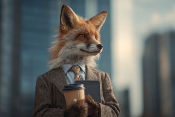 fox in a business suit holding coffee and tablet, urban background, funny concept