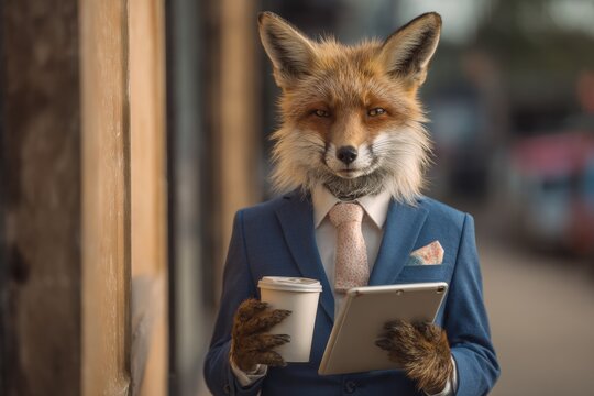 fox in a business suit holding coffee and tablet, urban background, funny concept