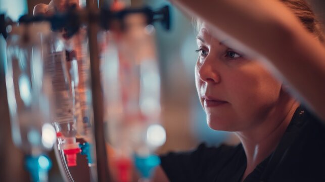 Nurse adjusting iv drip in hospital room