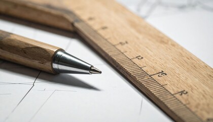Wooden Ruler And Pen On Blueprint Paper