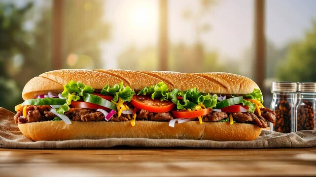 Delicious submarine sandwich with grilled meat and fresh vegetables resting on wooden table