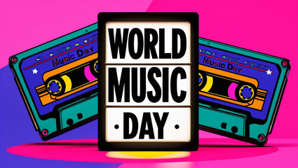 Pop Art World Music Day with Bold Colors and Stylized Cassettes