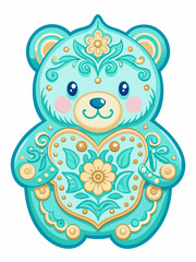 Adorable Teal Teddy Bear with Floral Heart Design Illustration