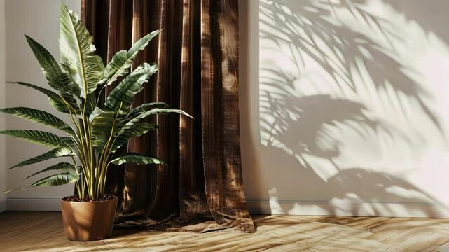 Stylish interior with plant, curtain and leaf shadows on the wall.