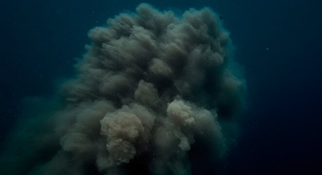 A large plume of dark sediment suspended in deep blue ocean water creating a cloud