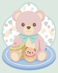 Adorable Pink Teddy Bear with Cake and Treats Baby Shower Illustration