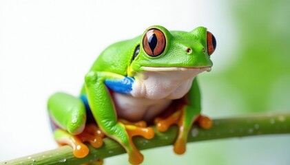Fototapeta premium Green tree frog perched on white, vibrant skin, legs, minimal