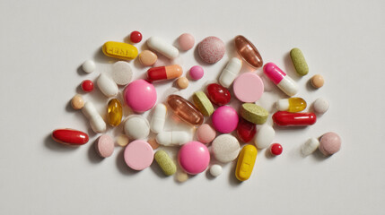 Flat lay of assorted pills, capsules, tablets in small pile, white background.