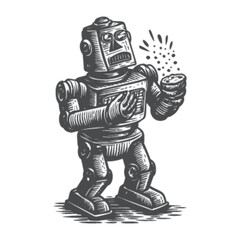 Fototapeta premium Vintage Robot Illustration in Engraving Style with Detailed Features